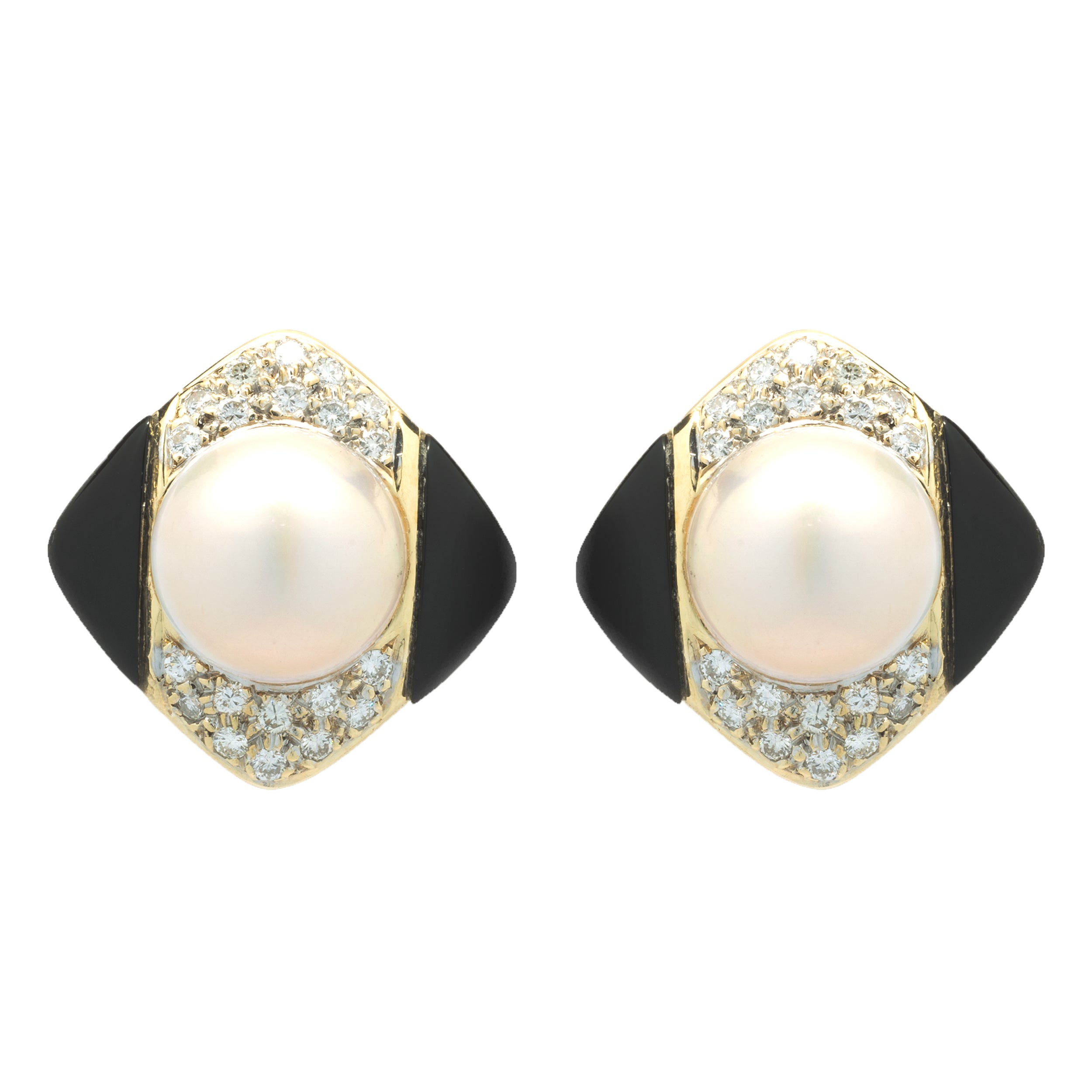 ★ wing bling★ [NEW Pearl/Onyx] 14k Fury Natural Stone Clo 14 Karat Yellow Gold Pearl, Diamond and Black Onyx Earrings