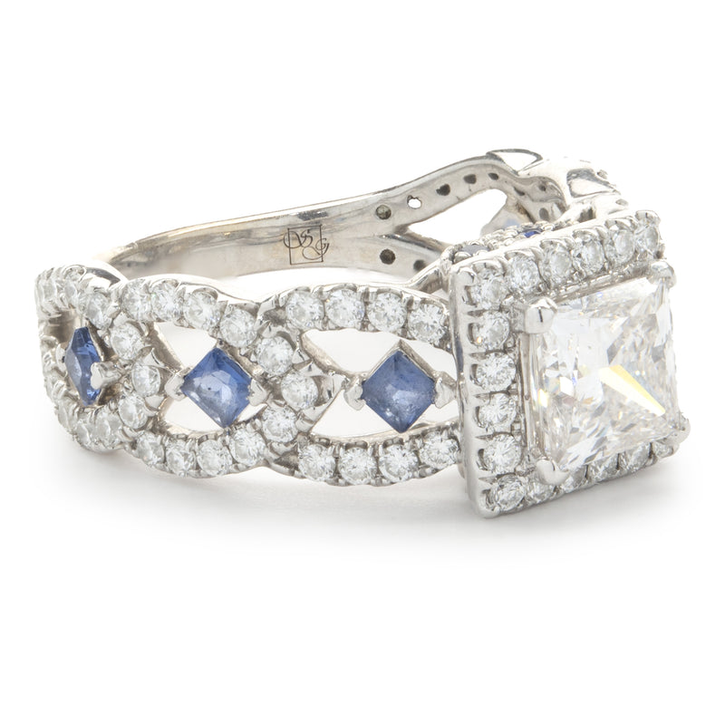 14 Karat White Gold Princess Cut Diamond and Sapphire Engagement Ring