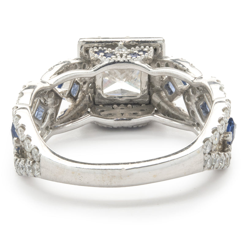 14 Karat White Gold Princess Cut Diamond and Sapphire Engagement Ring