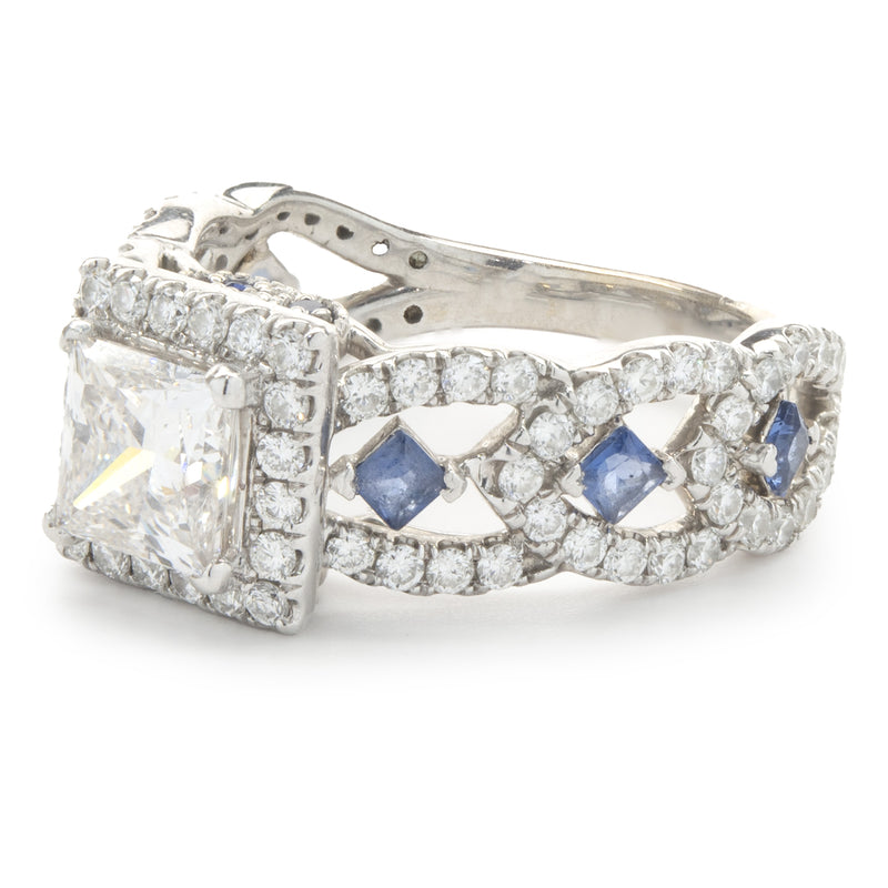 14 Karat White Gold Princess Cut Diamond and Sapphire Engagement Ring