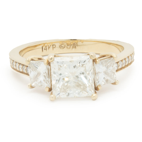 14 Karat Yellow Gold Princess Cut Diamond Three Stone Engagement Ring