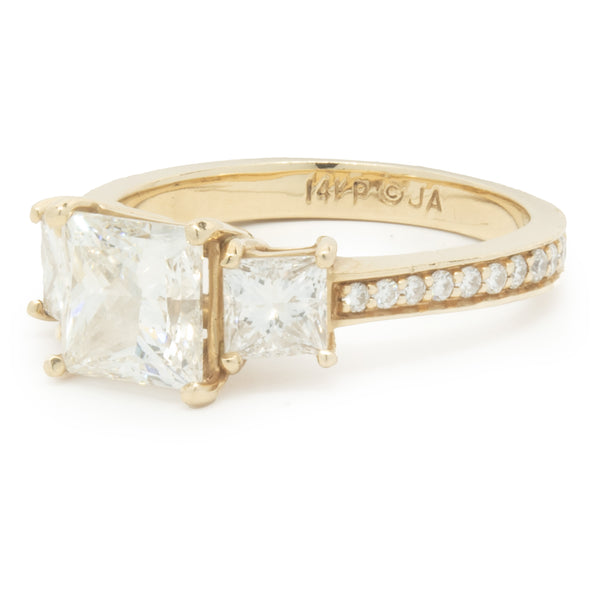 14 Karat Yellow Gold Princess Cut Diamond Three Stone Engagement Ring