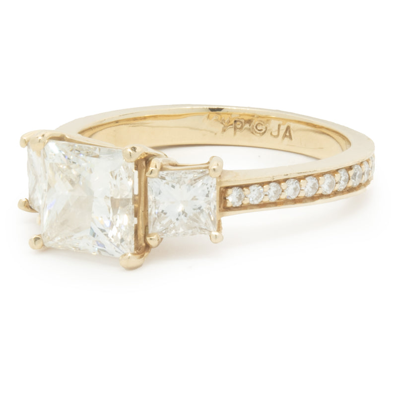 14 Karat Yellow Gold Princess Cut Diamond Three Stone Engagement Ring