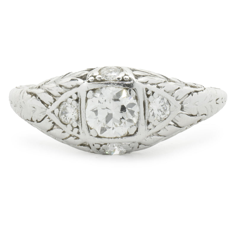 Platinum Round European Cut Diamond Engagement Ring