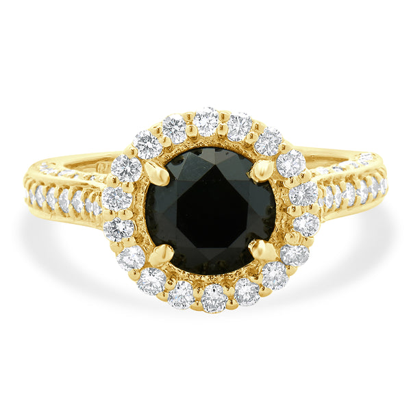 18 Karat Yellow Gold Black Round Brilliant Cut Diamond Engagement Ring