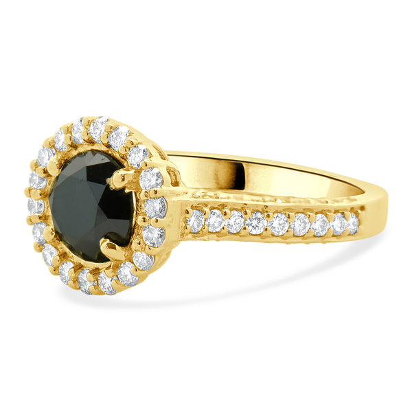 18 Karat Yellow Gold Black Round Brilliant Cut Diamond Engagement Ring