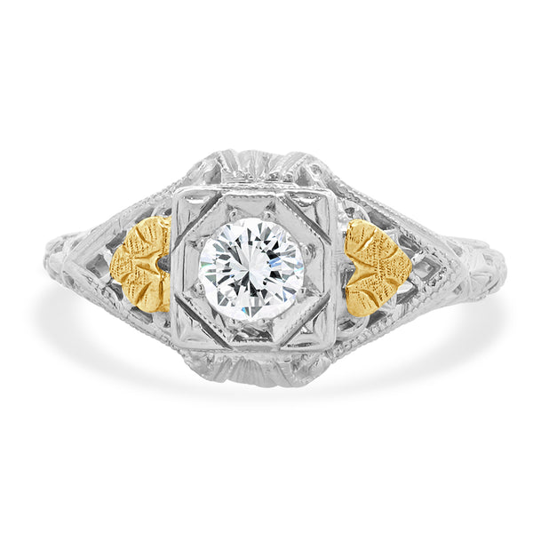 18 Karat White & Yellow Gold Vintage European Cut Diamond Engagement Ring