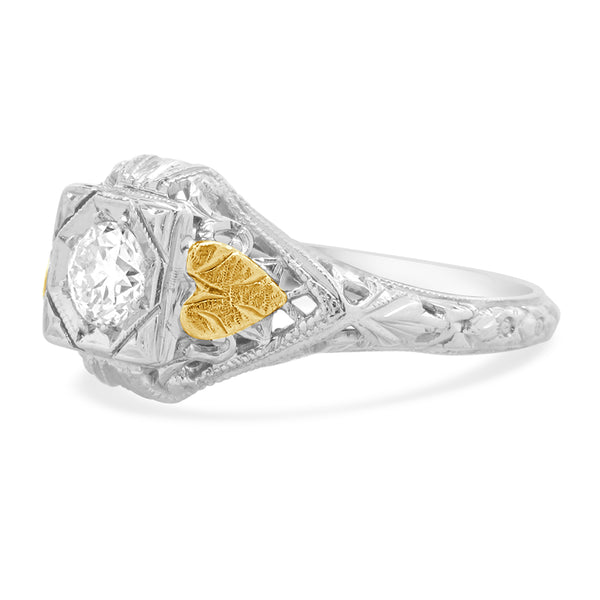 18 Karat White & Yellow Gold Vintage European Cut Diamond Engagement Ring