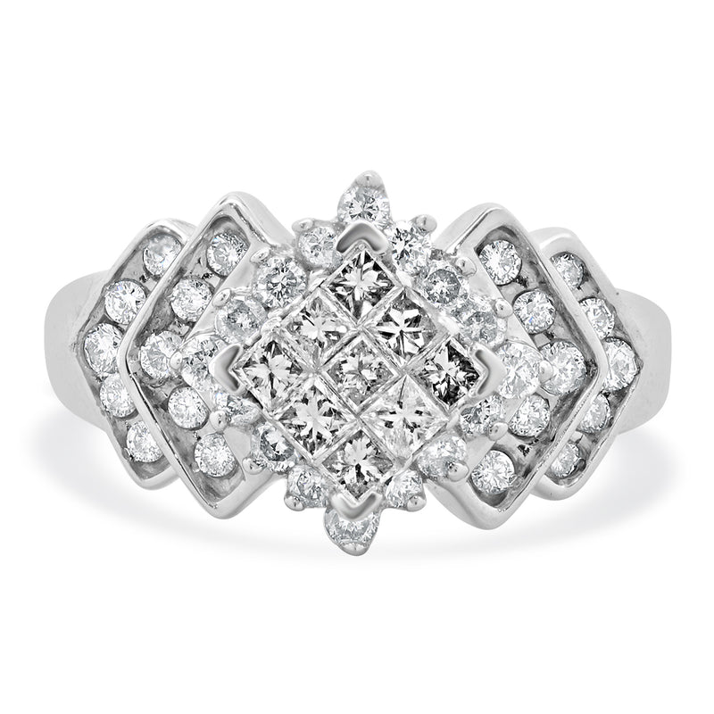 10 Karat White Gold Princess Cut Diamond Cluster Engagement Ring