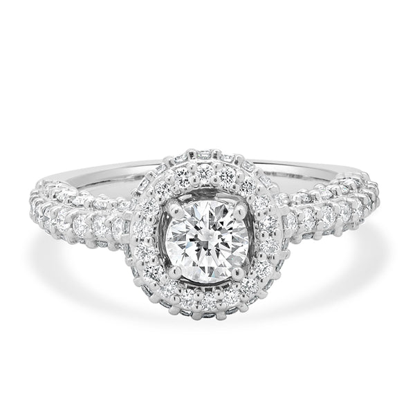14 Karat White Gold Round Diamond Halo Engagement Ring