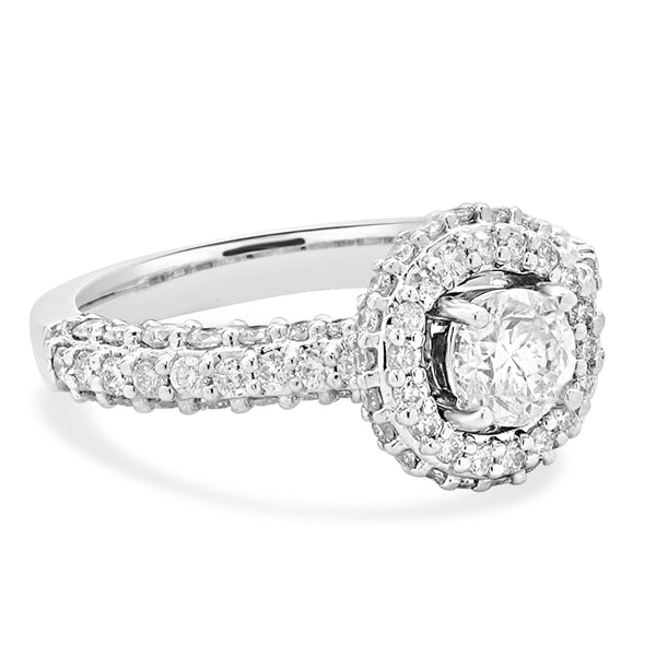 14 Karat White Gold Round Diamond Halo Engagement Ring