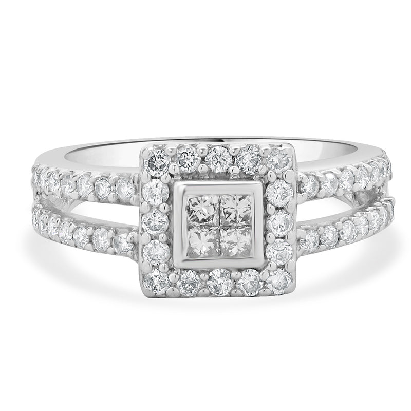 14 Karat White Gold Diamond Square Halo Split Shank Engagement Ring