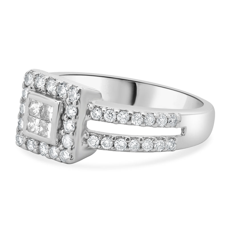 14 Karat White Gold Diamond Square Halo Split Shank Engagement Ring