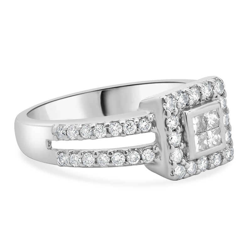 14 Karat White Gold Diamond Square Halo Split Shank Engagement Ring