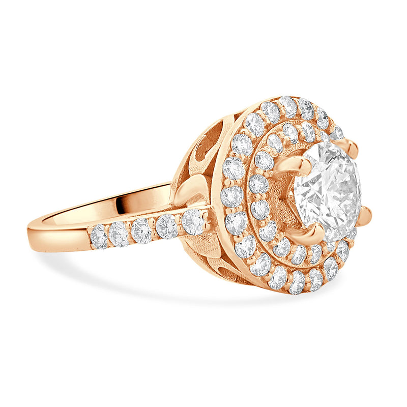 14 Karat Rose Gold Double Halo Round Diamond Engagement Ring