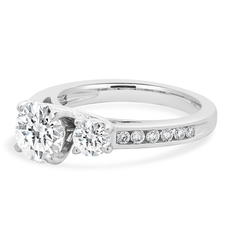 14 Karat White Gold Round Brilliant Cut Three Stone Diamond Engagement Ring