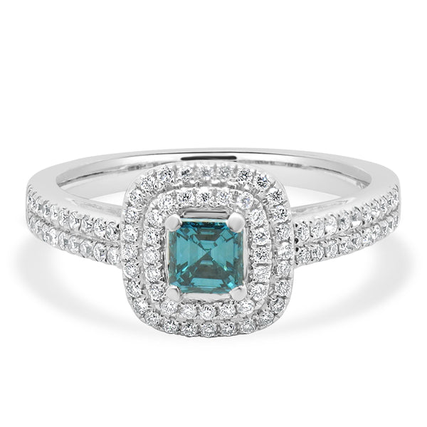 14 Karat White Gold Blue Diamond Asscher Cut Engagement Ring