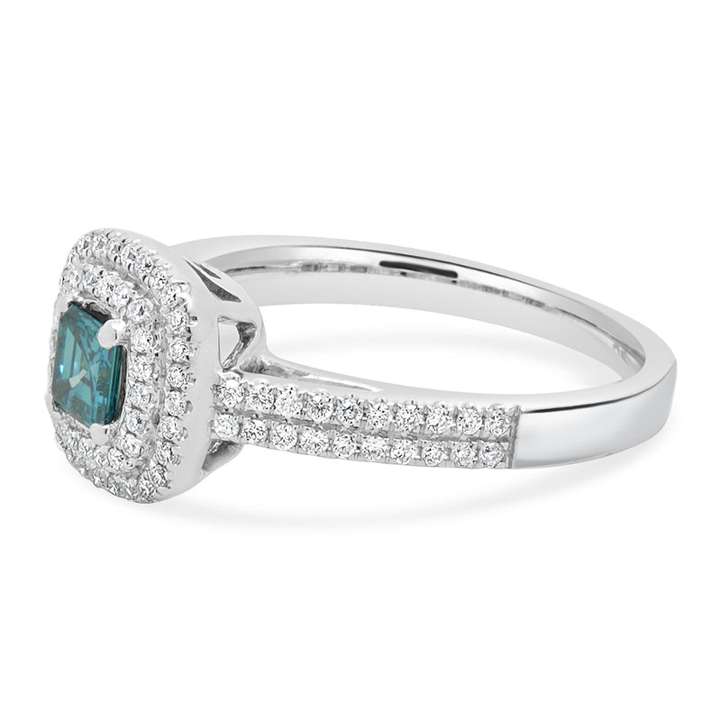 14 Karat White Gold Blue Diamond Asscher Cut Engagement Ring