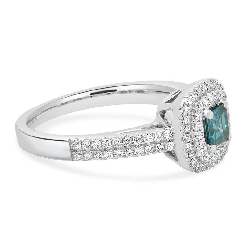 14 Karat White Gold Blue Diamond Asscher Cut Engagement Ring