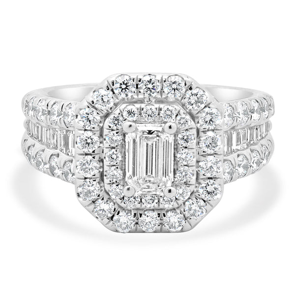 14 Karat White Gold Emerald Cut Double Halo Diamond Engagement Ring
