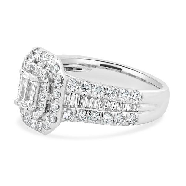 14 Karat White Gold Emerald Cut Double Halo Diamond Engagement Ring