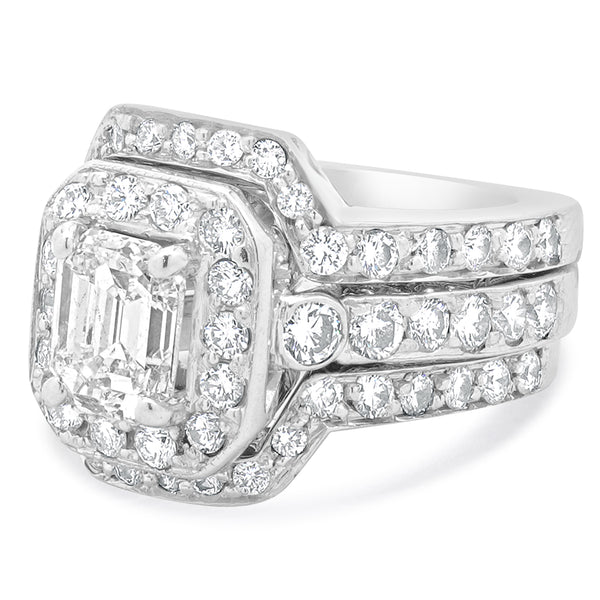 14 Karat White Gold Emerald Cut Diamond Engagement Ring Set