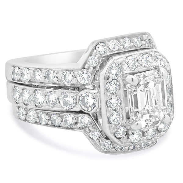 14 Karat White Gold Emerald Cut Diamond Engagement Ring Set