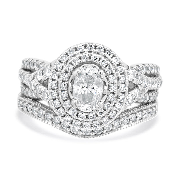 14 Karat White Gold Oval Diamond Double Halo w/Milgrain Wedding Set