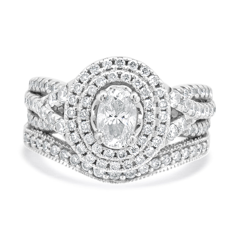 14 Karat White Gold Oval Diamond Double Halo w/Milgrain Wedding Set