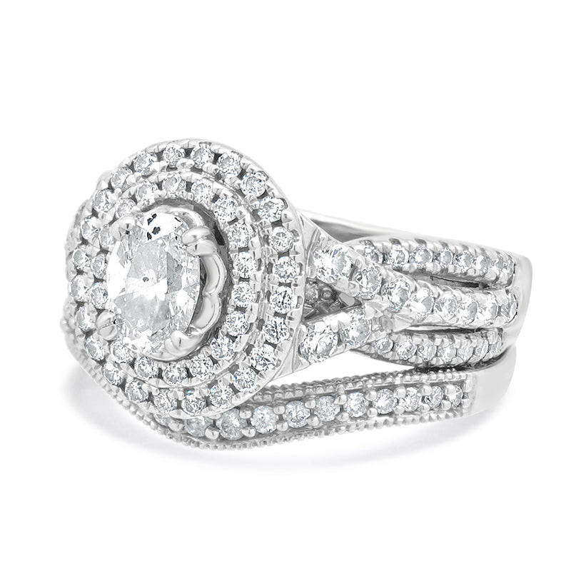 14 Karat White Gold Oval Diamond Double Halo w/Milgrain Wedding Set