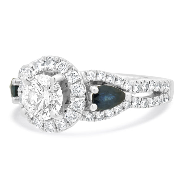 14 Karat White Gold Vera Wang Diamond Halo Engagement Ring with Sapphires