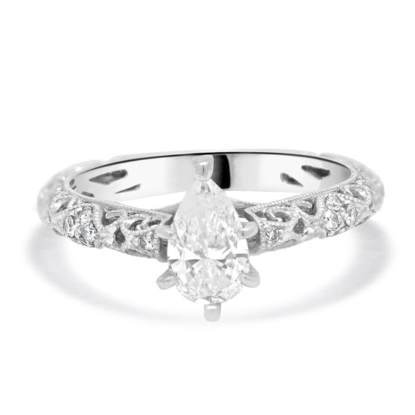 18KW Pear Shaped Filagree Diamond Engagement Ring