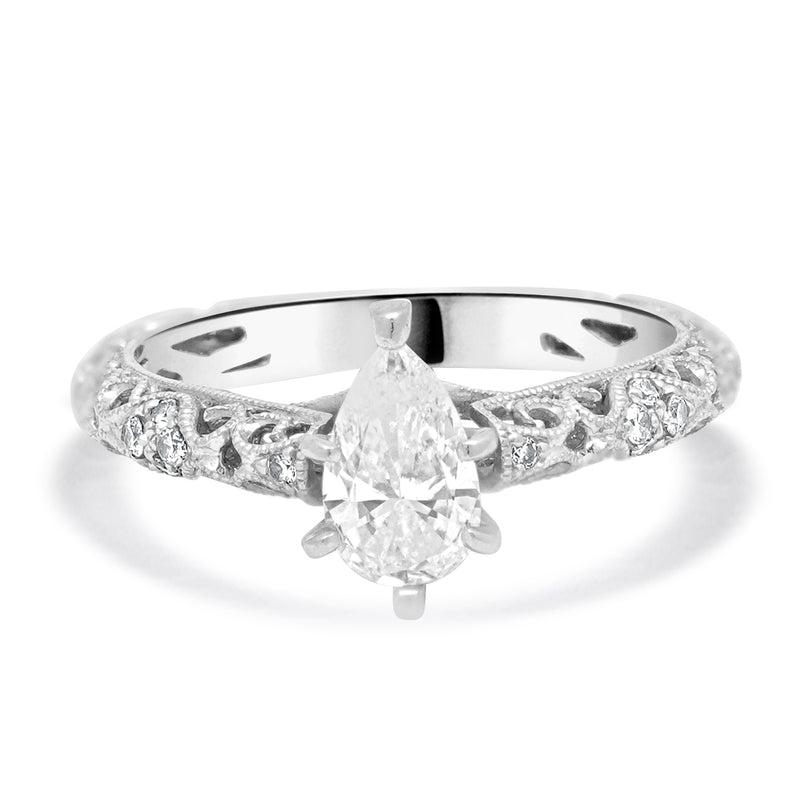 18KW Pear Shaped Filagree Diamond Engagement Ring
