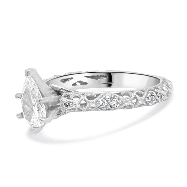 18KW Pear Shaped Filagree Diamond Engagement Ring