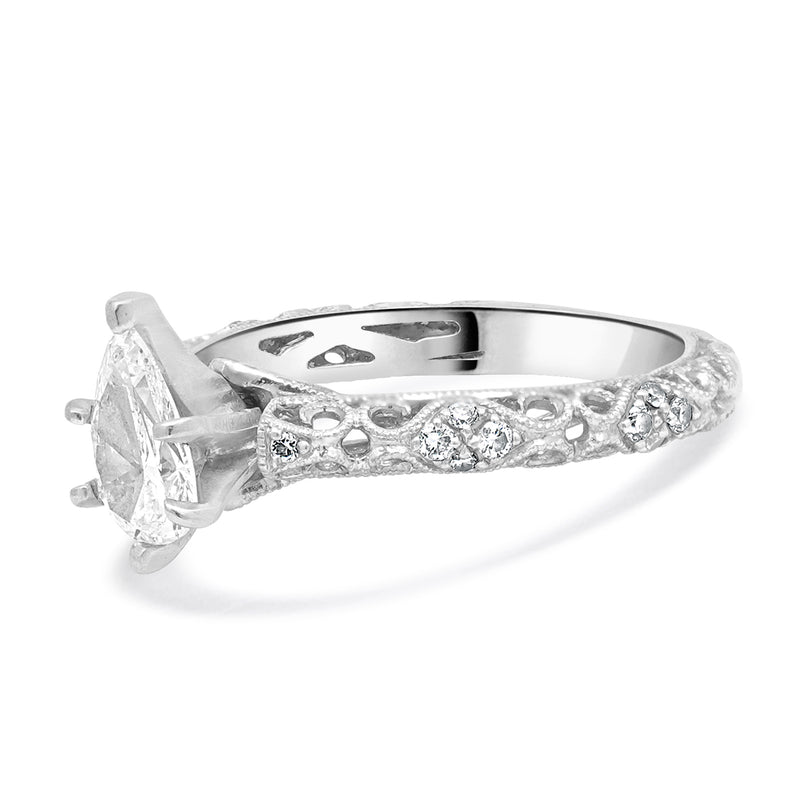 18KW Pear Shaped Filagree Diamond Engagement Ring