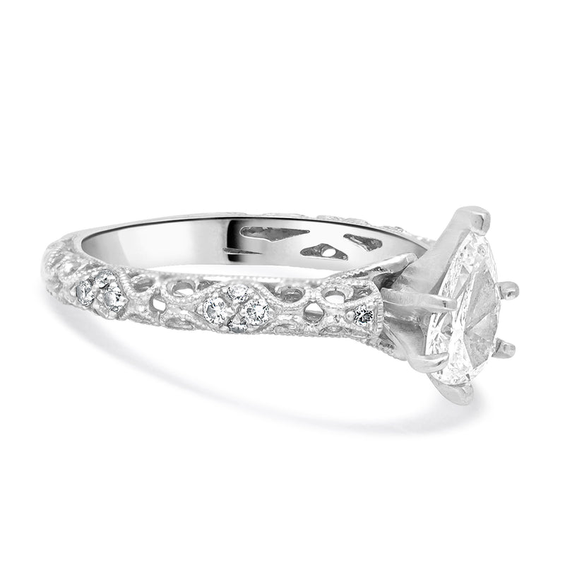 18KW Pear Shaped Filagree Diamond Engagement Ring