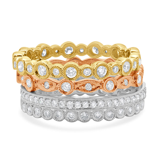 18 Karat White, Yellow, and Rose Gold Diamond Four Band Stack Set