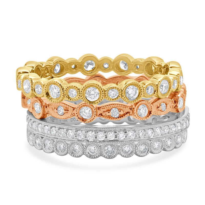 18 Karat White, Yellow, and Rose Gold Diamond Four Band Stack Set
