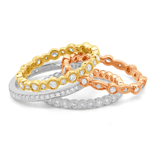 18 Karat White, Yellow, and Rose Gold Diamond Four Band Stack Set