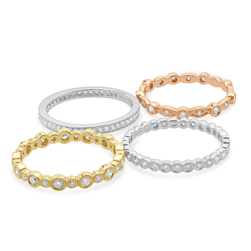 18 Karat White, Yellow, and Rose Gold Diamond Four Band Stack Set