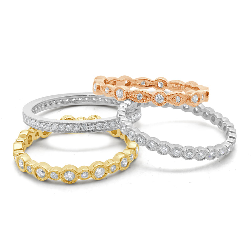 18 Karat White, Yellow, and Rose Gold Diamond Four Band Stack Set