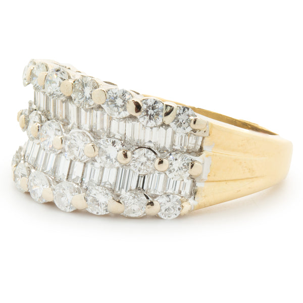 18 Karat White and Yellow Gold Round and Baguette Cut Five Row Diamond Cigar Band