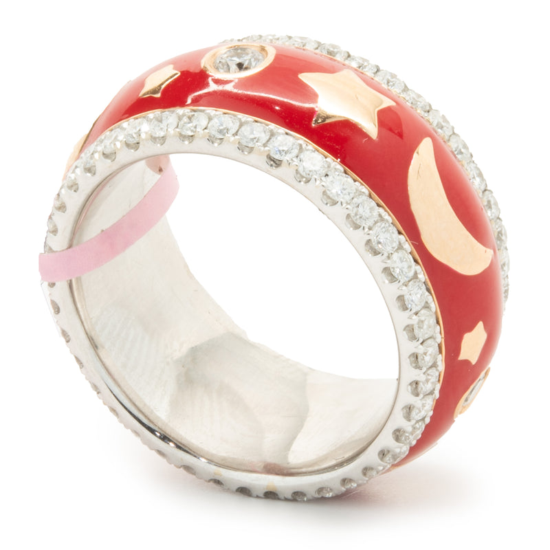 18 Karat White Gold, Red Enamel, and Diamond Moon and Star Band