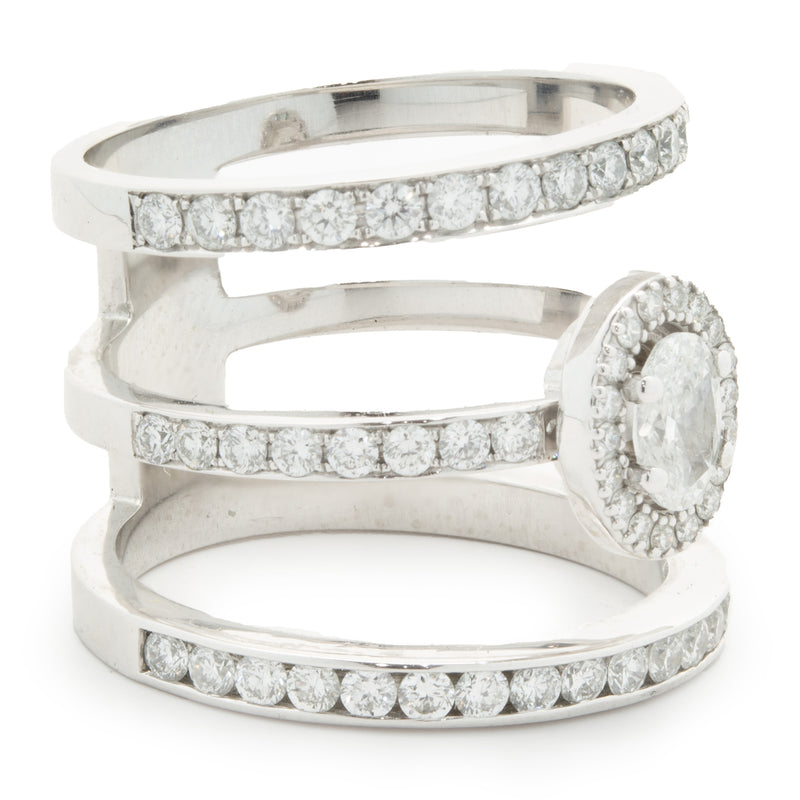 14 Karat White Gold Diamond Three Row Ring with Oval Centerpiece