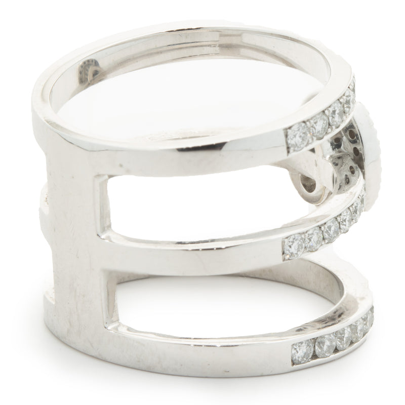 14 Karat White Gold Diamond Three Row Ring with Oval Centerpiece