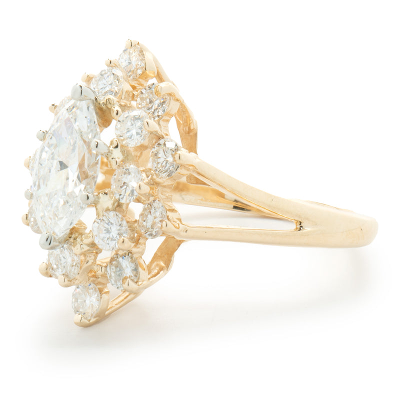 14 Karat Yellow Gold Marquise Cut Diamond Cocktail Ring with Diamond Halo