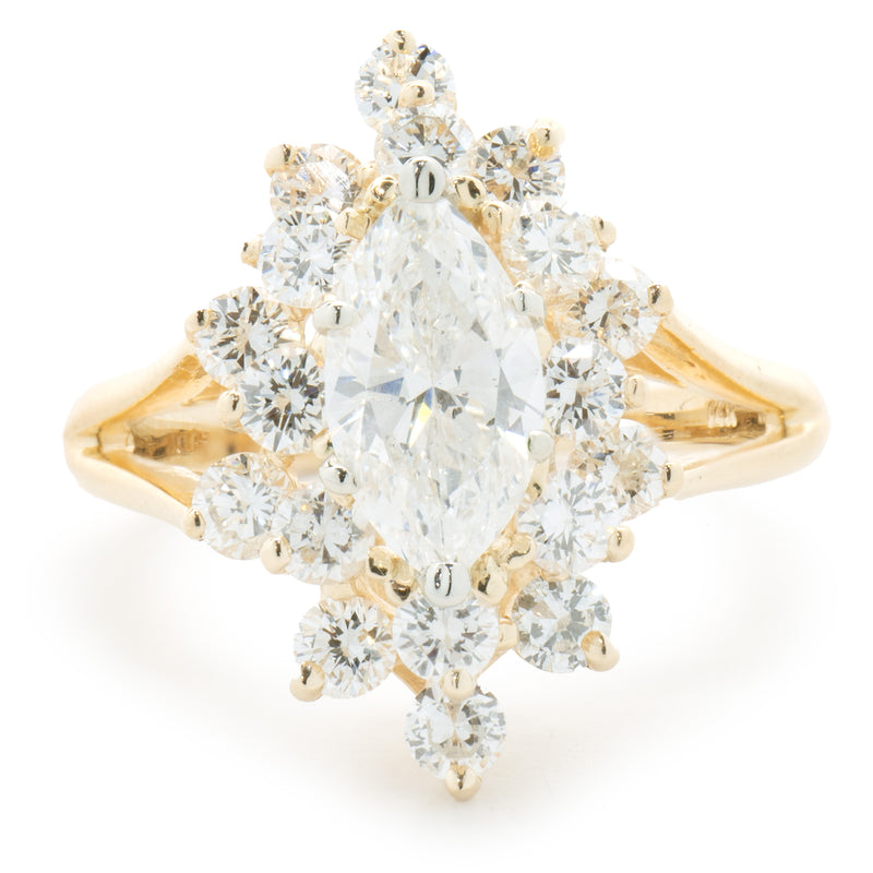 14 Karat Yellow Gold Marquise Cut Diamond Cocktail Ring with Diamond Halo
