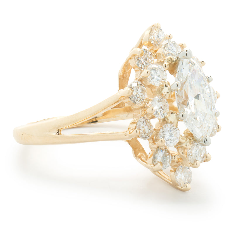 14 Karat Yellow Gold Marquise Cut Diamond Cocktail Ring with Diamond Halo
