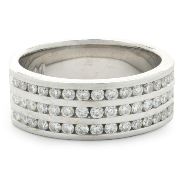 18 Karat White Gold Three Row Channel Set Diamond Band