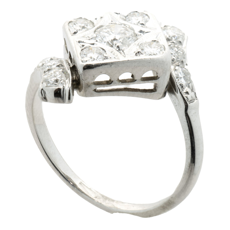 14 Karat White Gold Vintage Diamond Bypass Cluster Ring